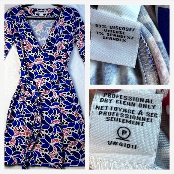 Diane Von Furstenberg Wrap Dress 4 Blue Red White Floral 3/4 Sleeve Viscose - Picture 10 of 12